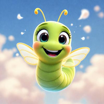 The primary subject of the image is a green and yellow cartoon character, which appears to be a cute and cheerful insect. The character is smiling and has a big smile on its face. The setting is a blue sky, which serves as a beautiful backdrop for the character. The visual style of the image is digital art, as it is a well-crafted and detailed illustration. The colors and mood of the image are bright and lively, with the green and yellow colors of the character and the blue sky creating